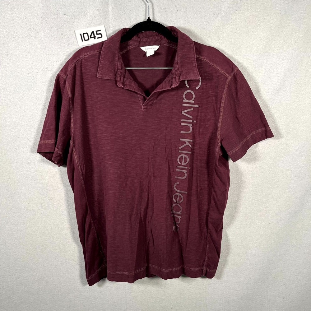 Calvin Klein Jeans Polo Shirt Mens Large Maroon Wordmark Logo Short Sleeve Golf